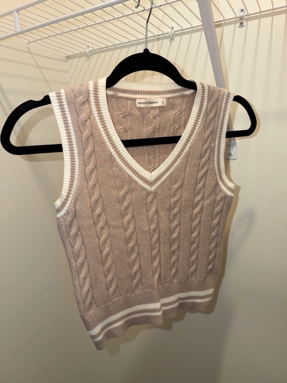 moon & madison Taupe Cable Knit V-Neck Sweater Vest with White Trim